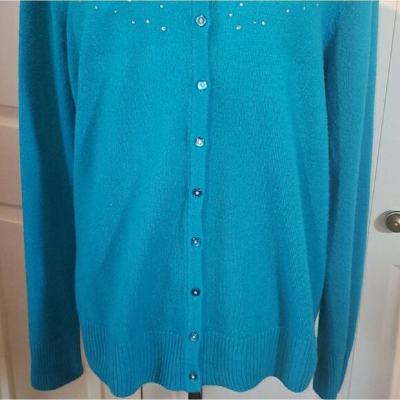CJ Banks Teal Rhinestone Button Up Long Sleeve Sweater - Picture 3 of 7